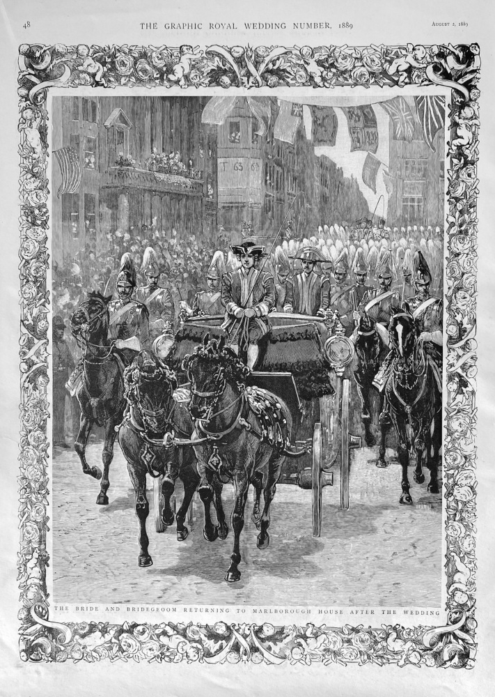 The Bride and Bridegroom returning to Marlborough House after the Wedding.  1889.