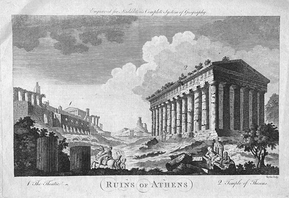 Ruins of Athens.  :  1- The Theatre,  :   2- Temple of Theseus.