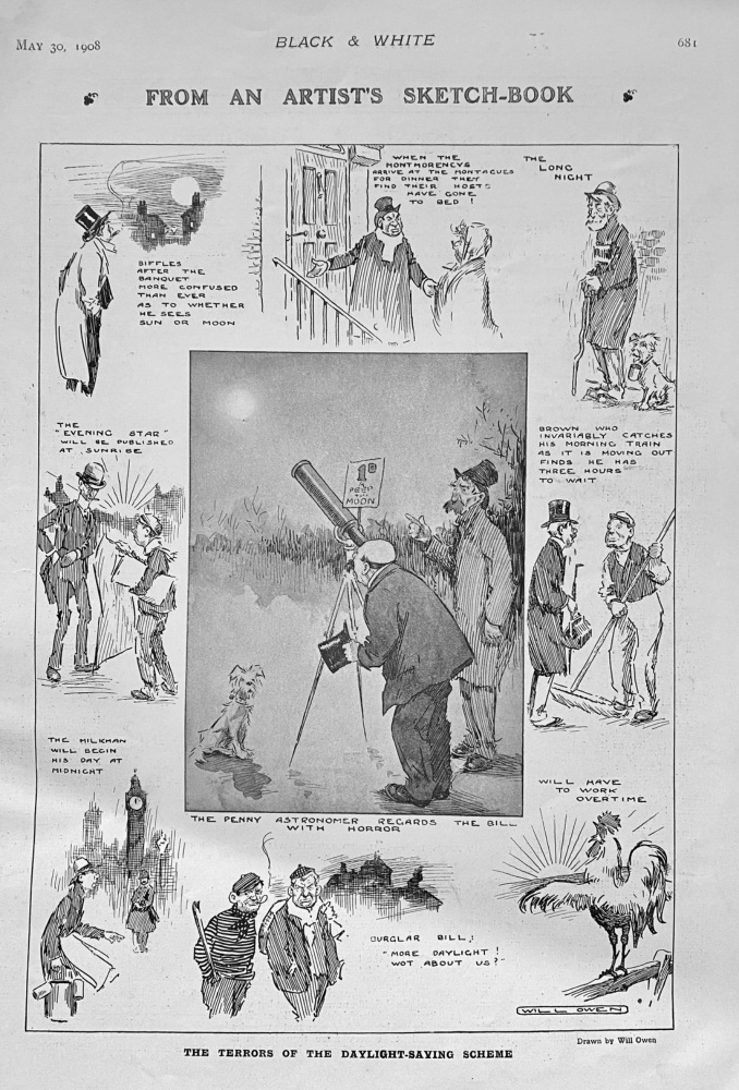 From an Artist's Sketch-Book :  The terrors of the Daylight-Saving Scheme.  1908.