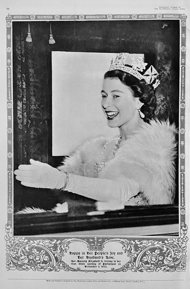 Her Majesty Queen Elizabeth II.  Driving to her first State Opening of Parliament on November 4th, 1952.