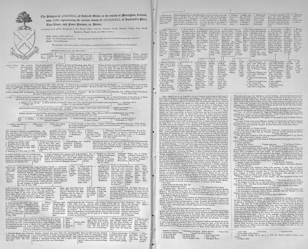 The Pedigree of the Ancient Family of ANCKETELL, of Anketell's Place, East Almer, and Stour Provost, co. Dorset.  1868.