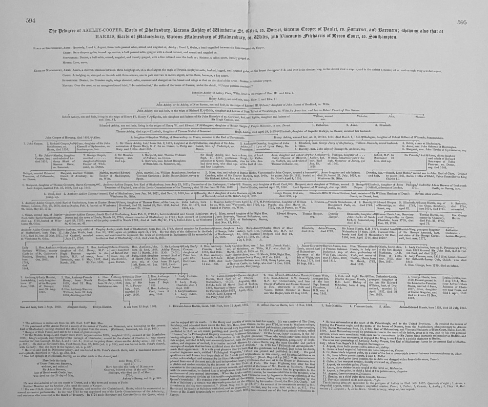 The Pedigree of ASHLEY-COOPER, Earls of Shaftesbury, Barons Ashley of Wimborne St. Giles, co. Dorset.  1868.
