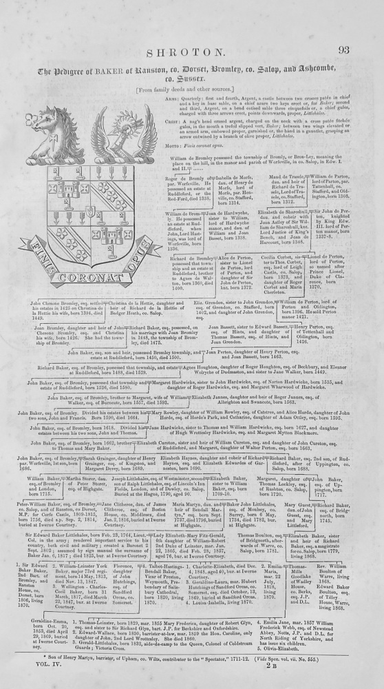 The Pedigree of BAKER of Ranston, co. Dorset, Bromley, co. Salop, and Ashcombe, co. Sussex.  1870.