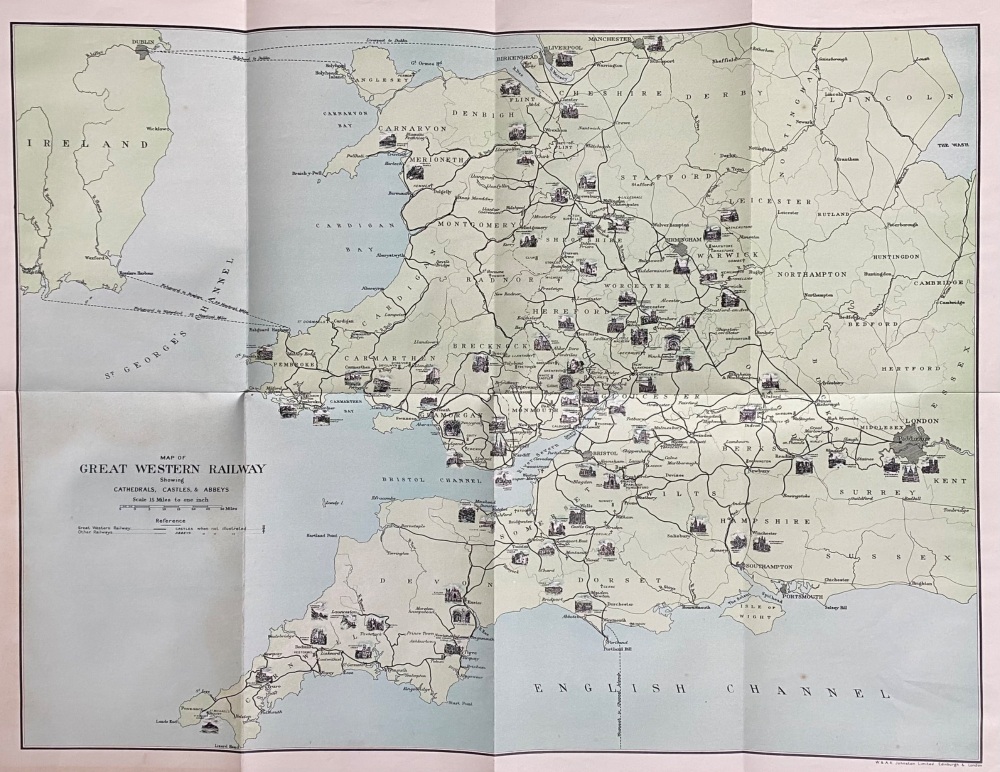 Map of the Great Western Railway, showing Cathedrals, Castles, & Abbeys.  1925.