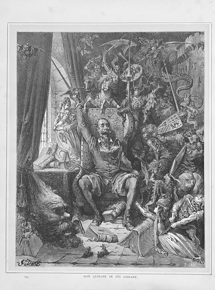 Don Quixote in his Library.  1890c.