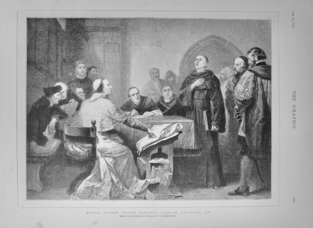 "Martin Luther before Cardinal Cajetan, Augsburg, 1518" (engraving)