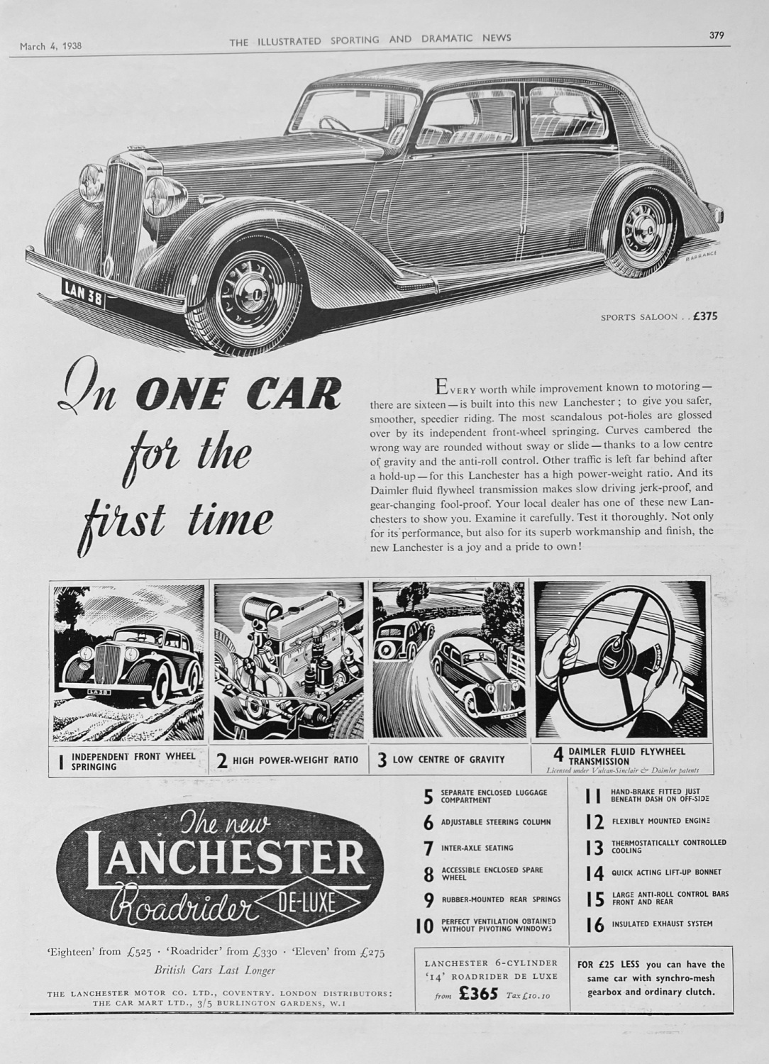 Lanchester Cars - 1938