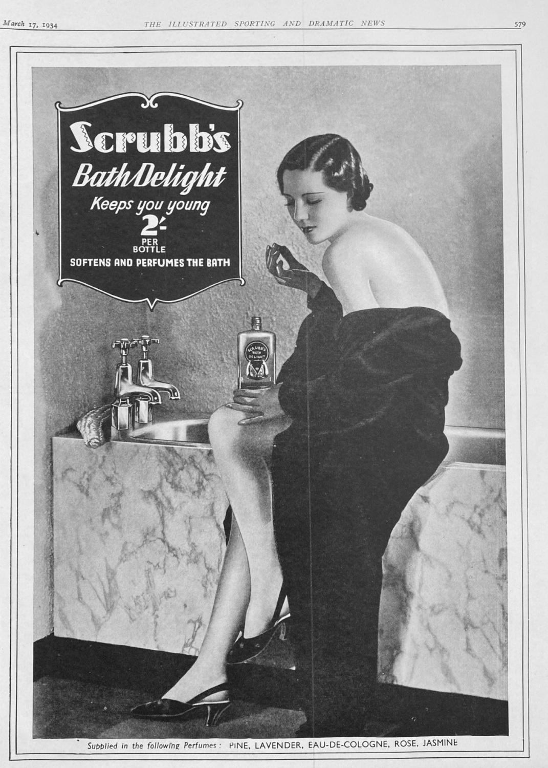 Scrubb's. Bath Delight, Softens and Perfumes the Bath.  1934.