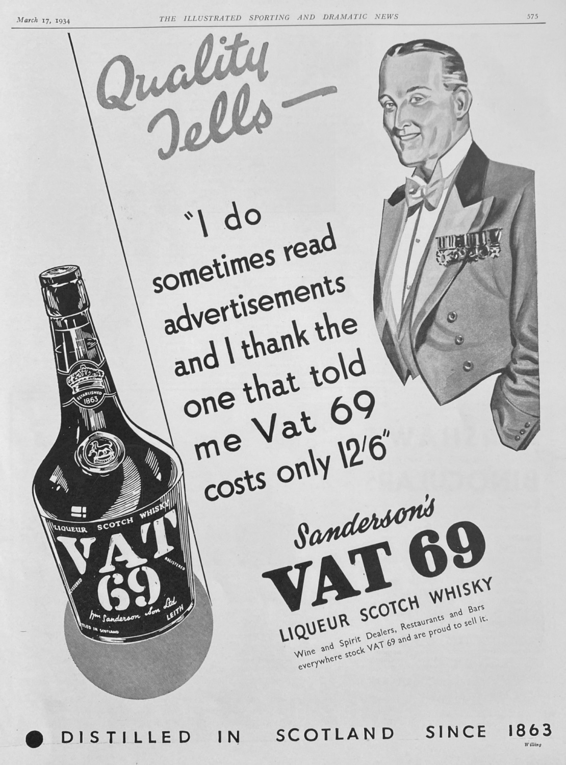 Sanderson's VAT 69 Liqueur Scotch Whisky.  1934.