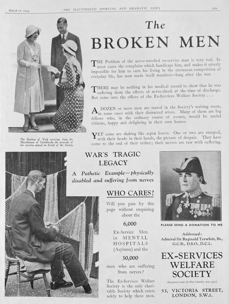 The Broken Men.  Ex-Services Welfare Society.. 53 Victoria Street, London, S.W.1.  1934.