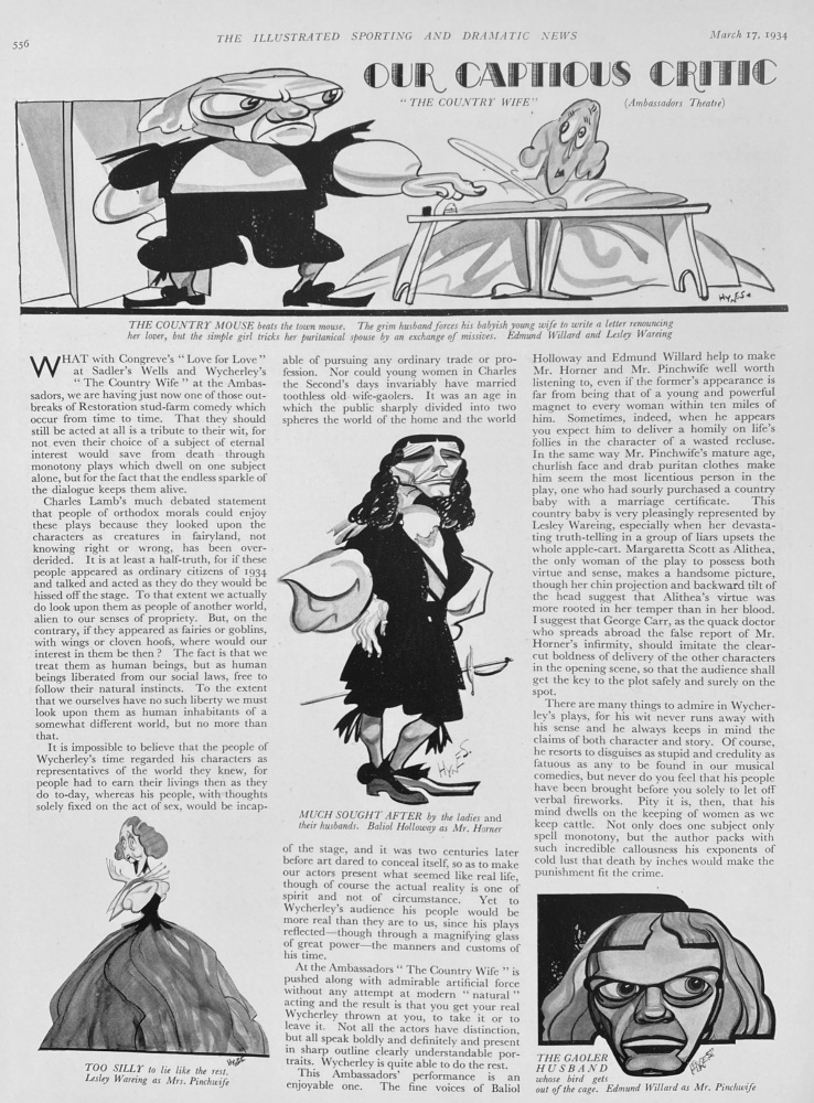 Our Captious Critic.   "The Country Wife."  at the Ambassadors Theatre.  1934.