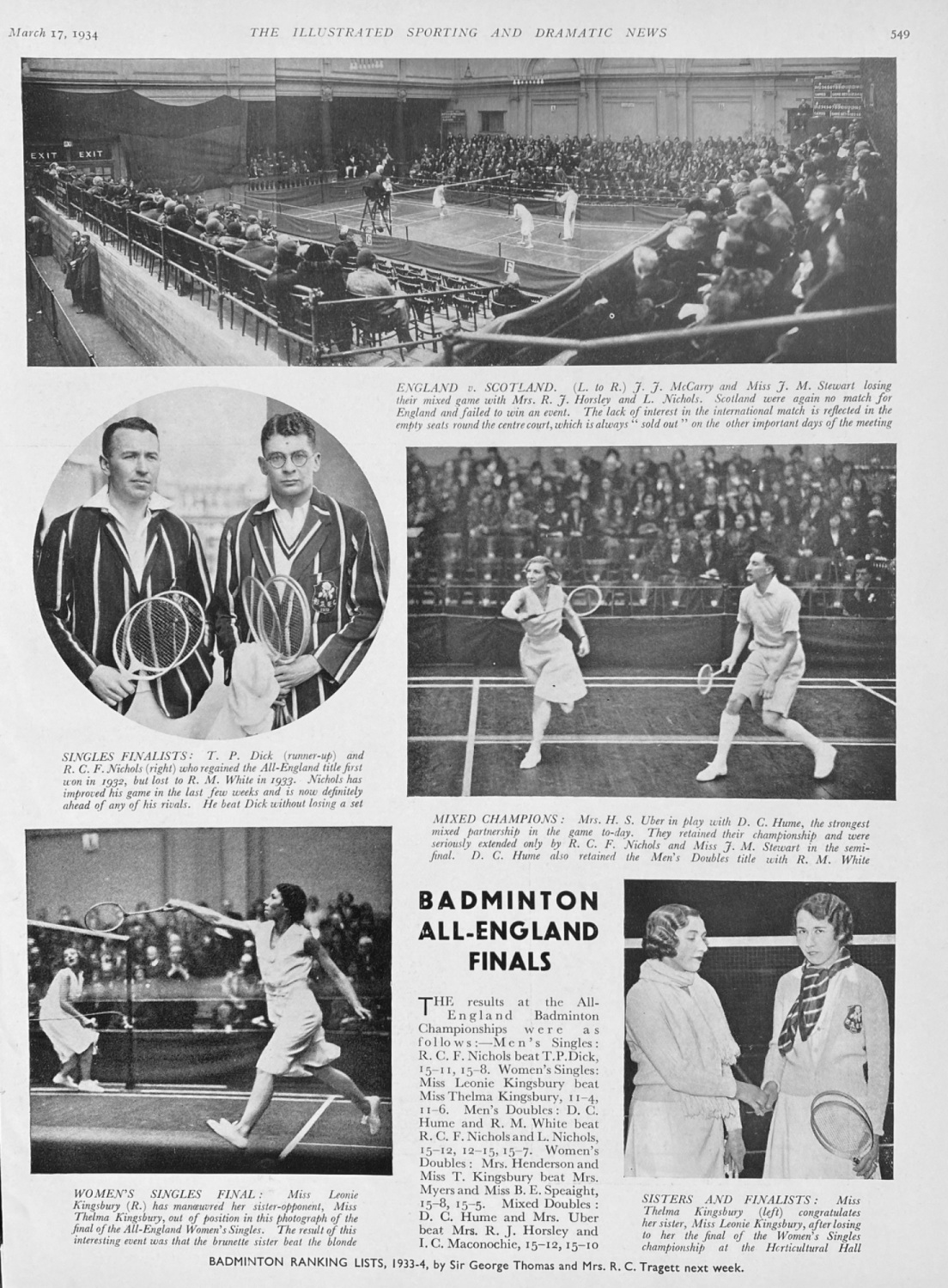 Badminton All-England Finals.  1934.