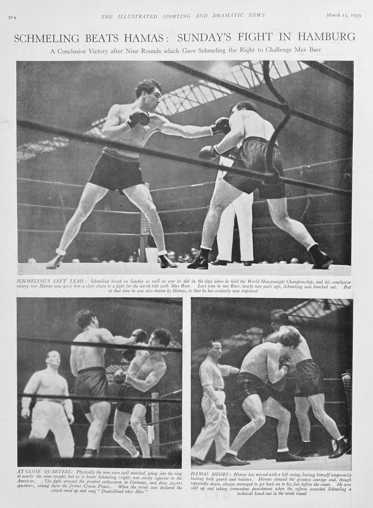 Schmeling Beats Hamas :  Sunday's Fight in Hamburg.  1935.