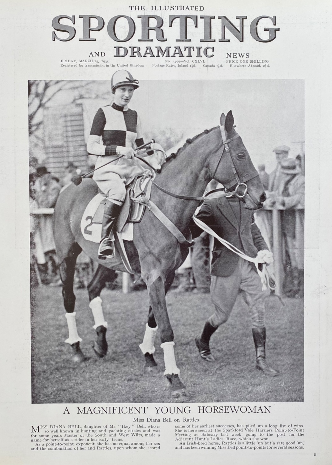 A Magnificent Young Horsewoman :  Miss Diana Bell on Rattles.  1935.
