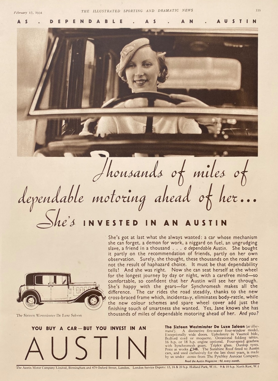 Austin Motor Company : The Sixteen Westminster De Luxe Saloon. 1934.