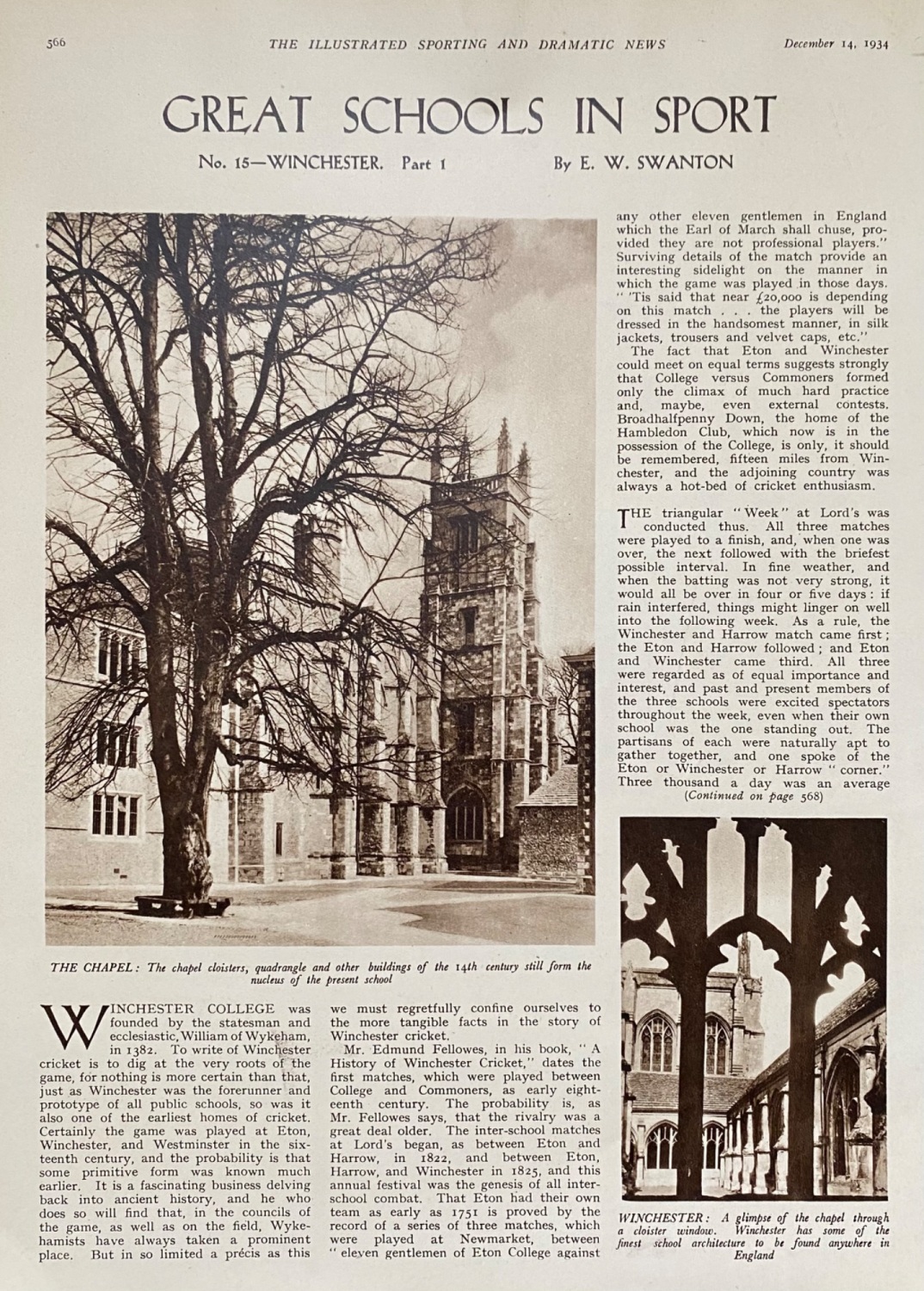 Great Schools in Sport.  No. 15- Winchester. Part 1.  By E, W. Swanton.  19