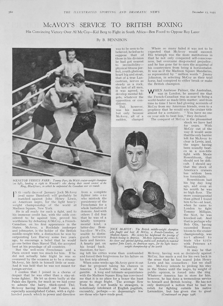 McAvoy's Service to British Boxing.  1935.