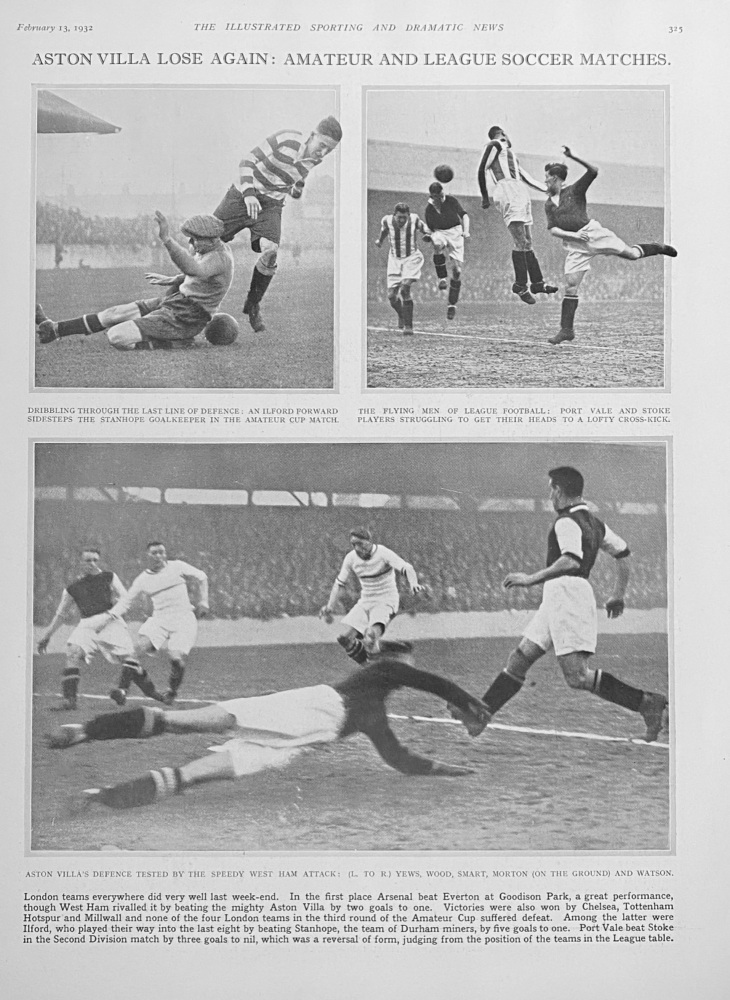 Aston Villa Lose Again :  Amateur and League Soccer Matches.  1932.