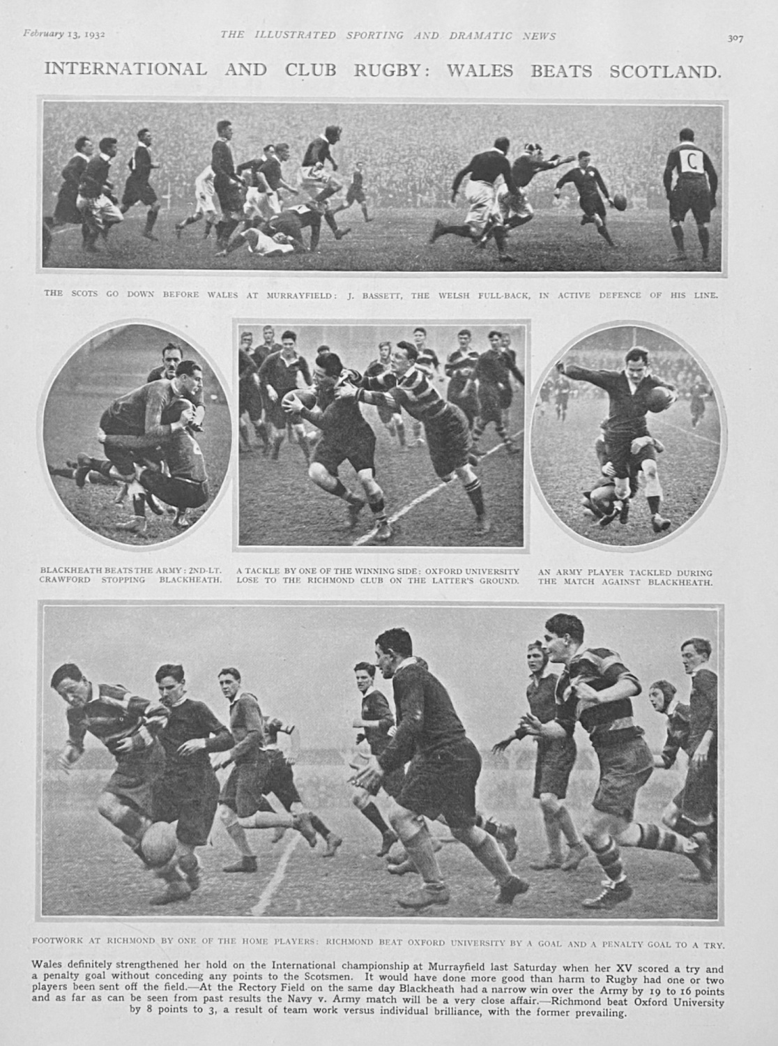 International  and Club Rugby :  Wales Beats Scotland.  1932.