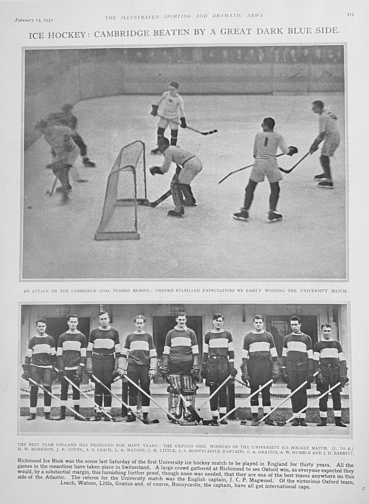 Ice Hockey :  Cambridge Beaten by a Great Dark Blue Side.  1932.