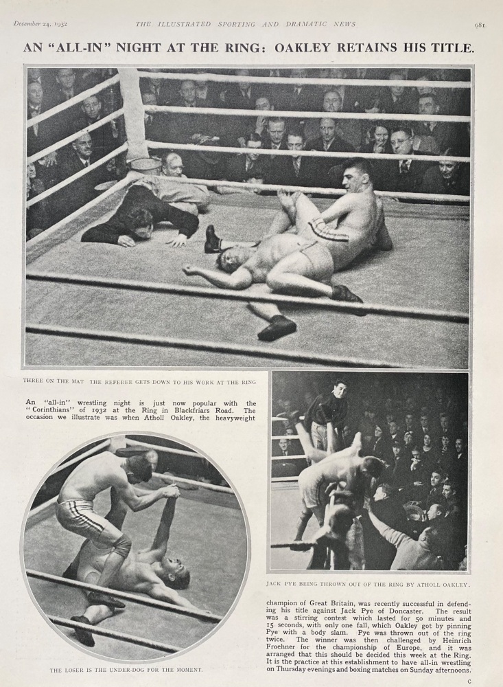 An "All-In" Night at the Ring :  Oakley Retains His Title.  (Wrestling).  1932.