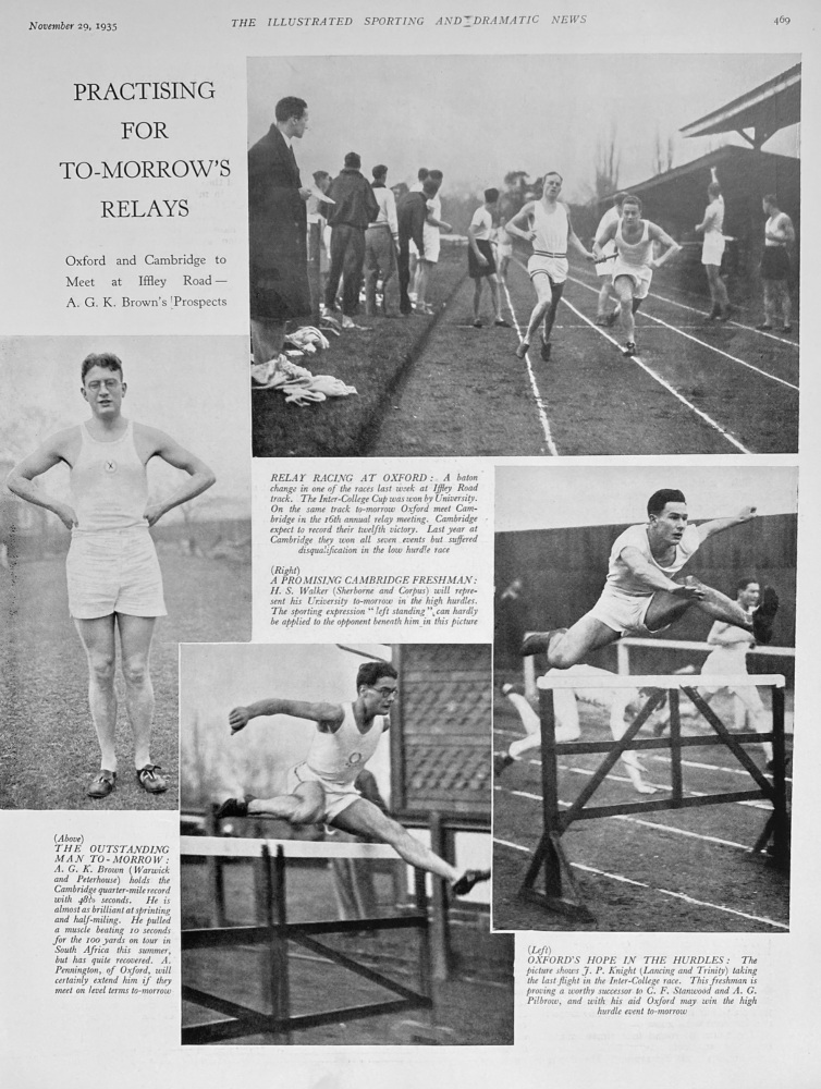 Practising for To-morrow's Relays. (Oxford v. Cambridge Athletics).  1935.