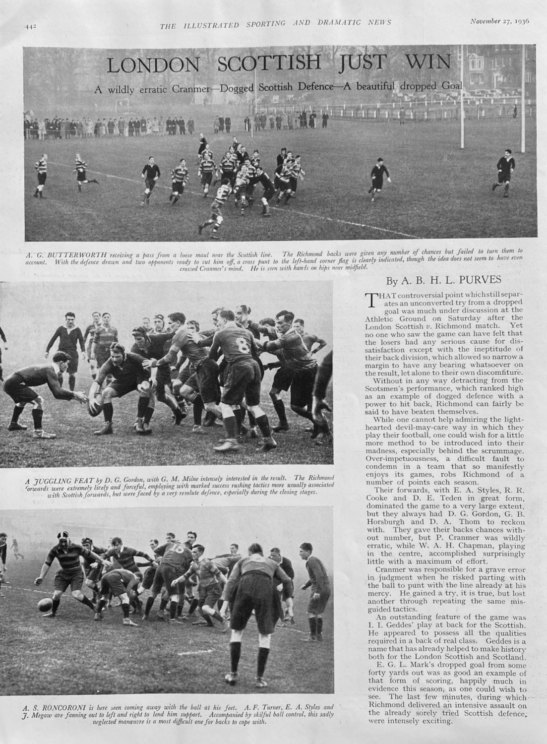 London Scottish just Win. 1936.  (Rugby).