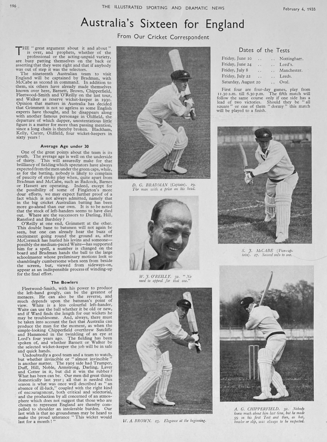 Australia's Sixteen for England.  1938. (Cricket).
