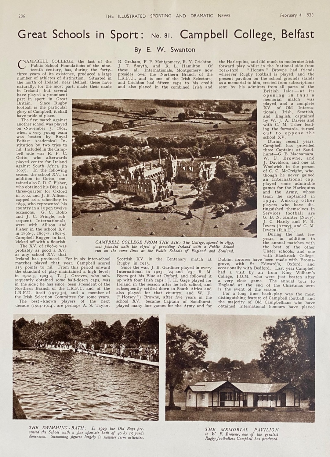 Great Schools in Sport :  No. 81.  Campbell College, Belfast. 1938.