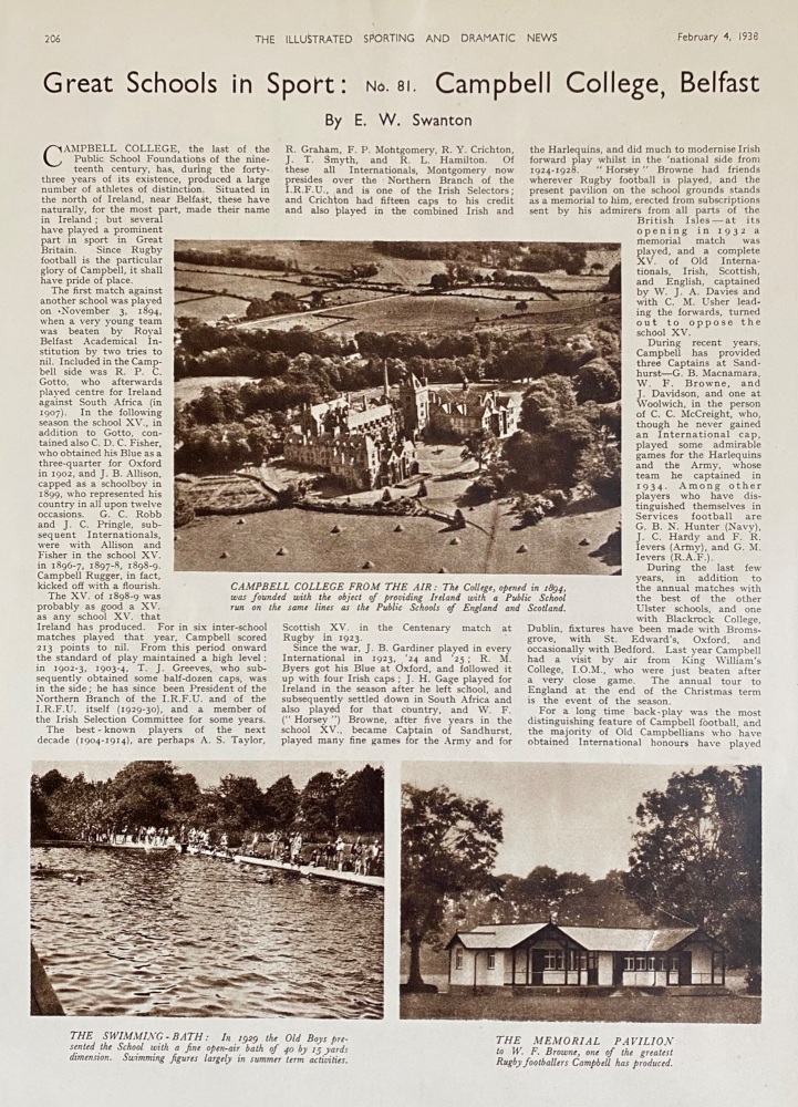 Great Schools in Sport :  No. 81.  Campbell College, Belfast. 1938.