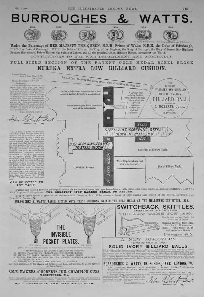 Burroughes & Watts - Snooker Tables Advert - 1889