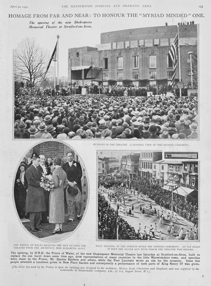 The Opening of the New Shakespeare Memorial theatre at Stratford-on-Avon. 1932.