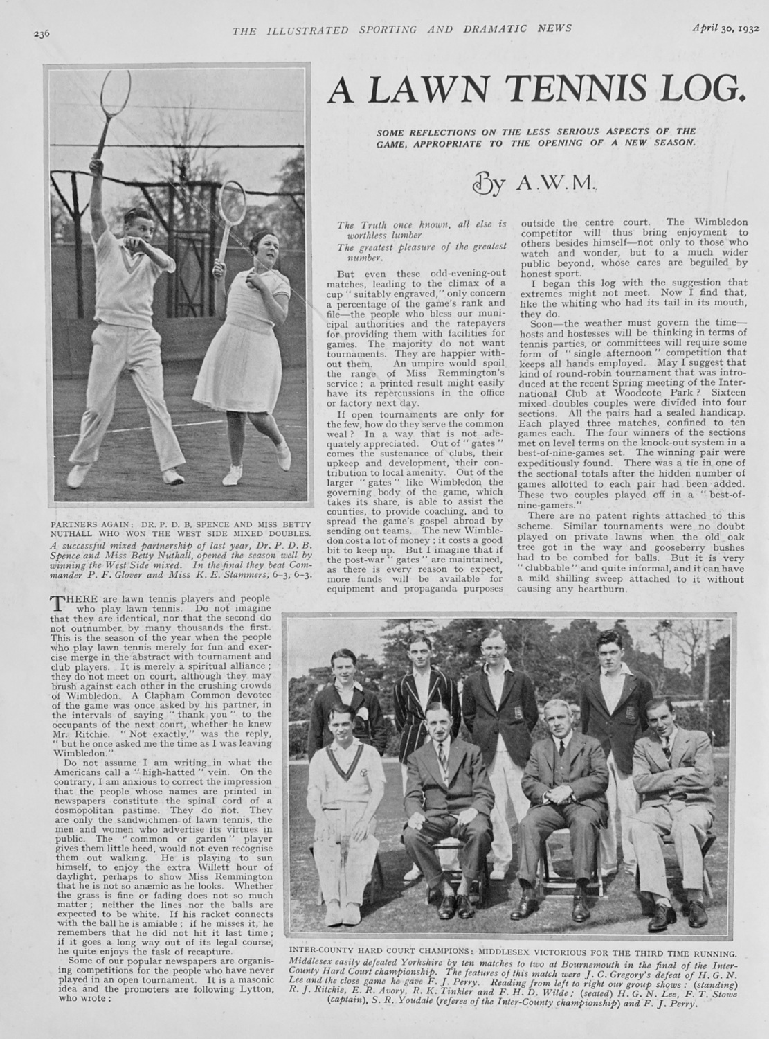 A Lawn Tennis Log. By A. W. M.   April 30th, 1932.