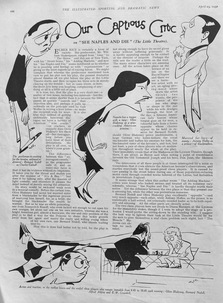 Our Captious Critic : "See Naples And Die" at The Little Theatre.  1932.