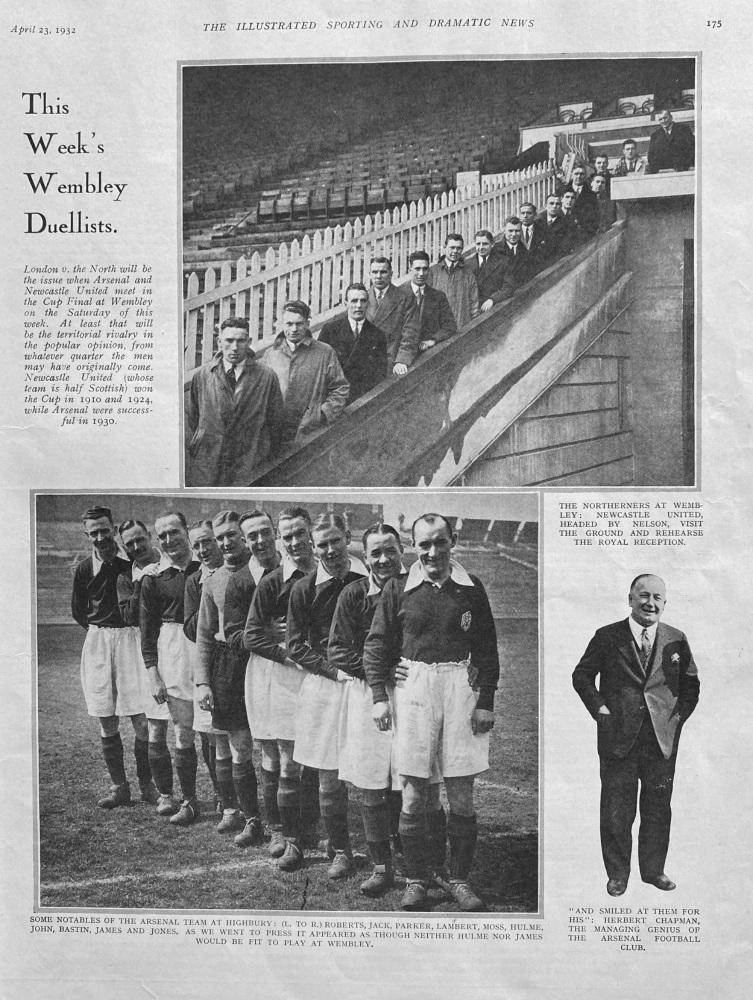 This Week's Wembley Duellists. :  Arsenal  v.  Newcastle United.  1932.