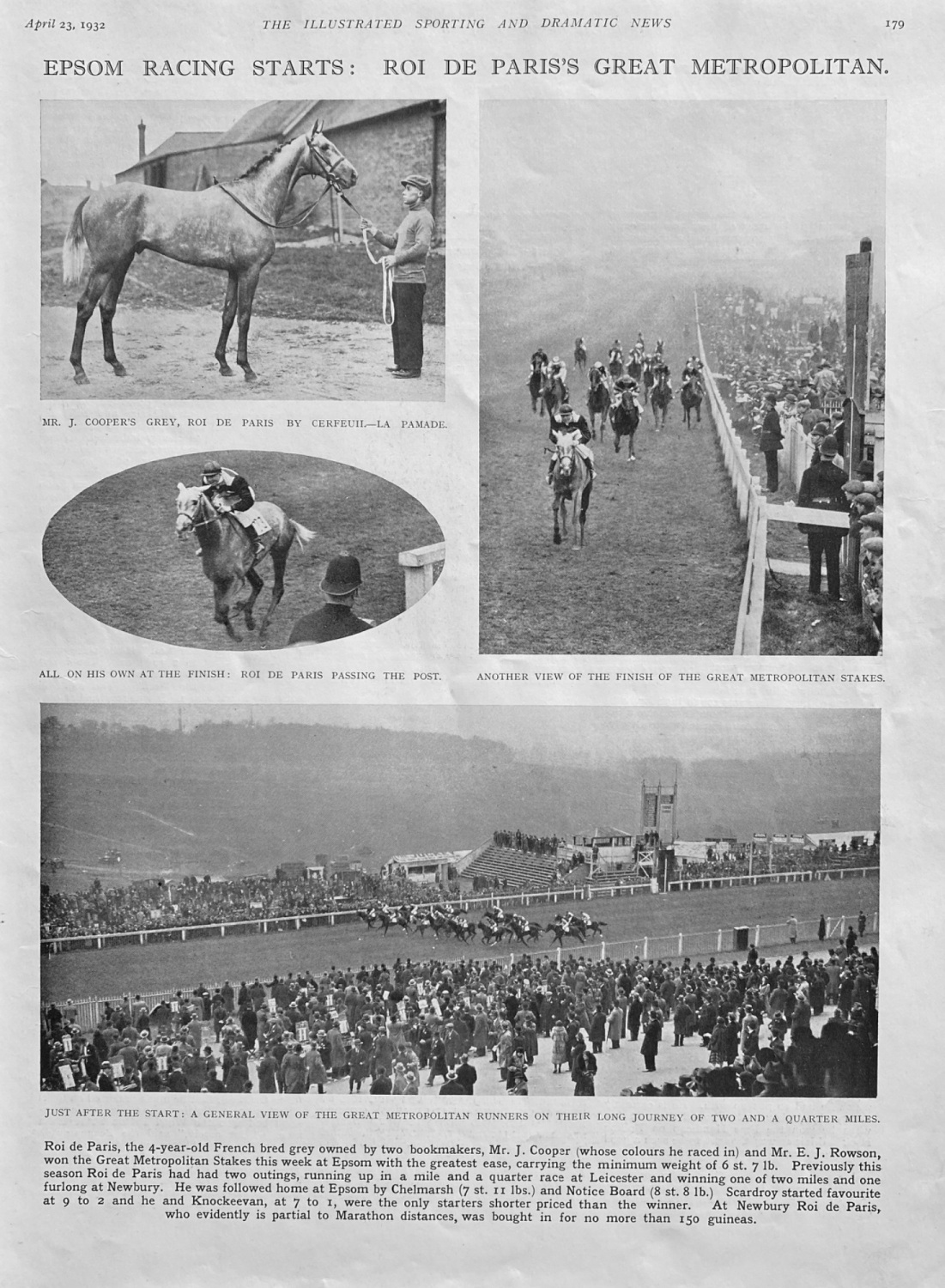 Epsom Racing Starts :  Roi De Paris's Great Metropolitan.  1932.