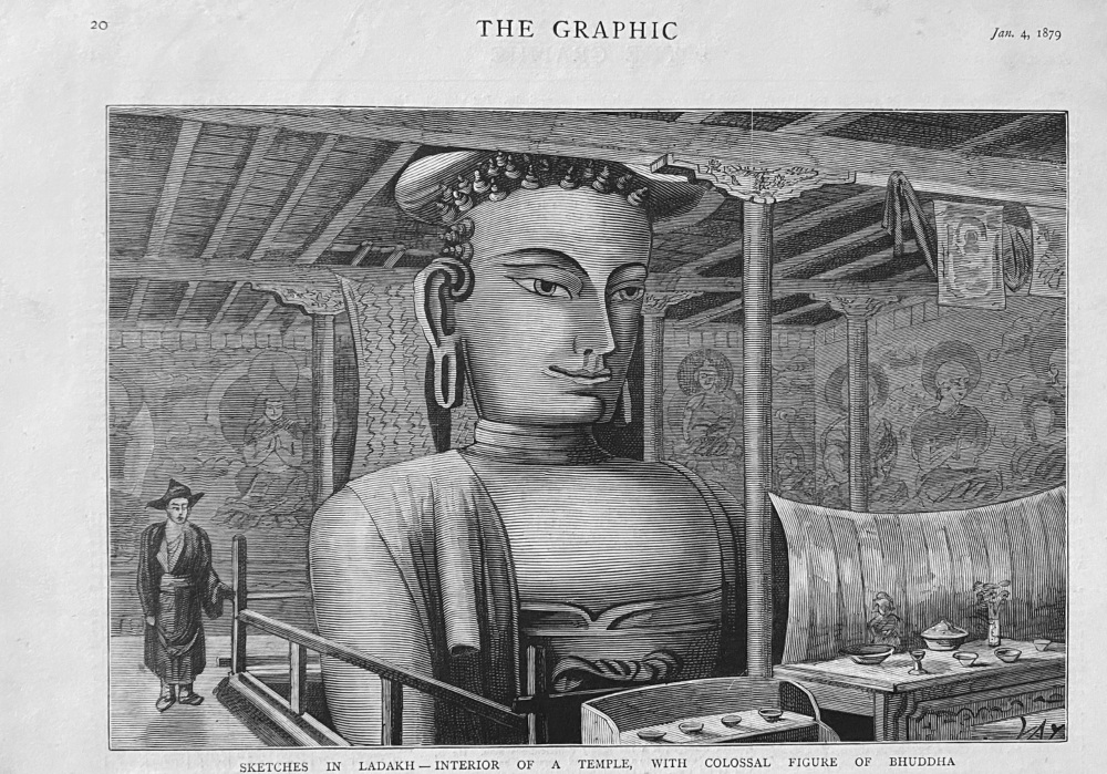 Sketches in Ladakh- Interior of a Temple, with Colossal Figure of Bhuddha.  1879.