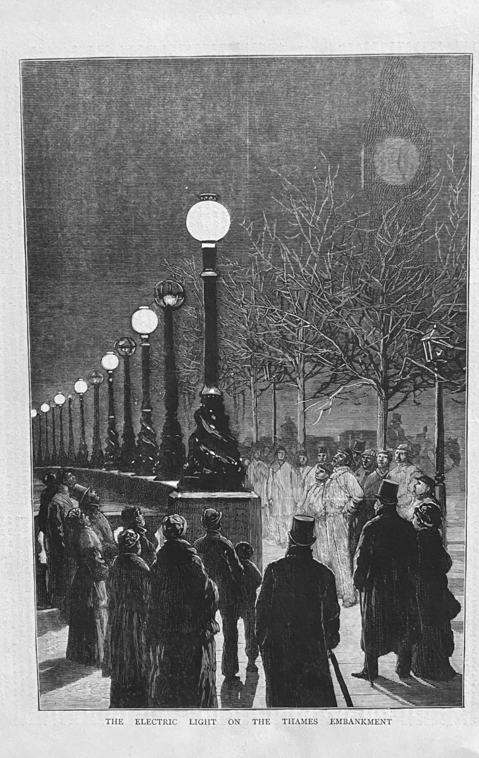 The Electric Light on the Thames Embankment.  1879.