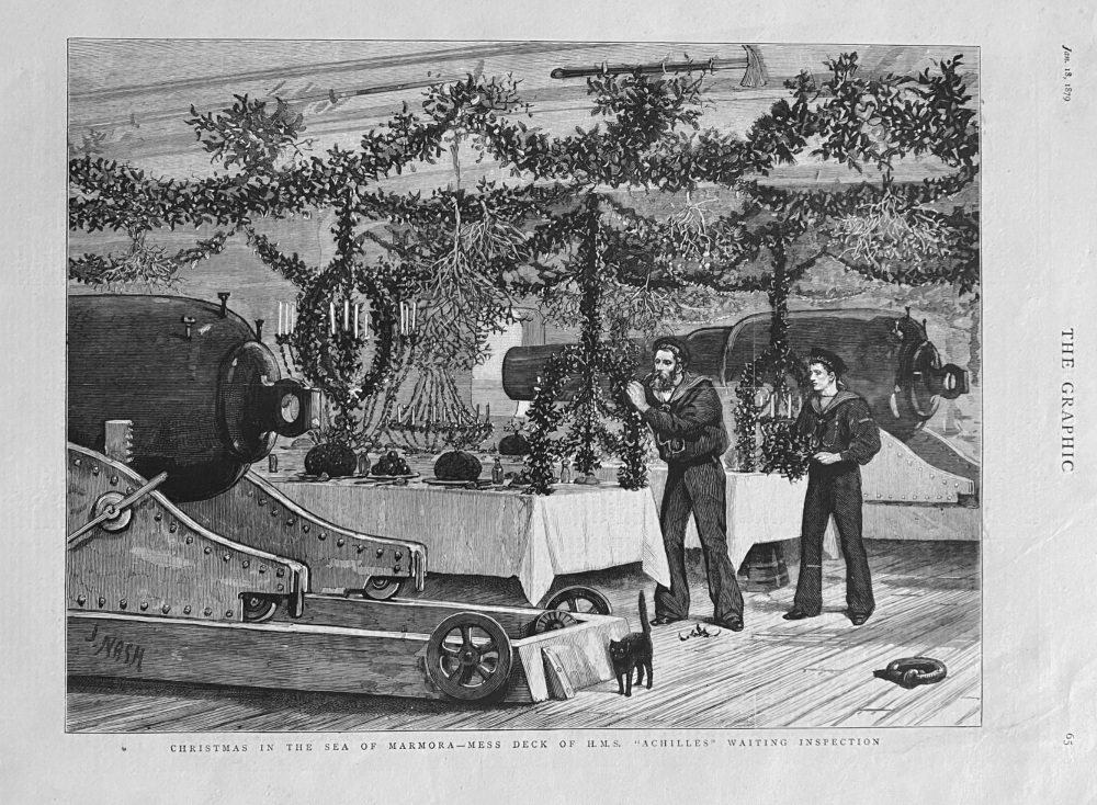 Christmas in the Sea of Marmora - Mess Deck of H. M. S. "Achilles" Waiting inspection.  1879.