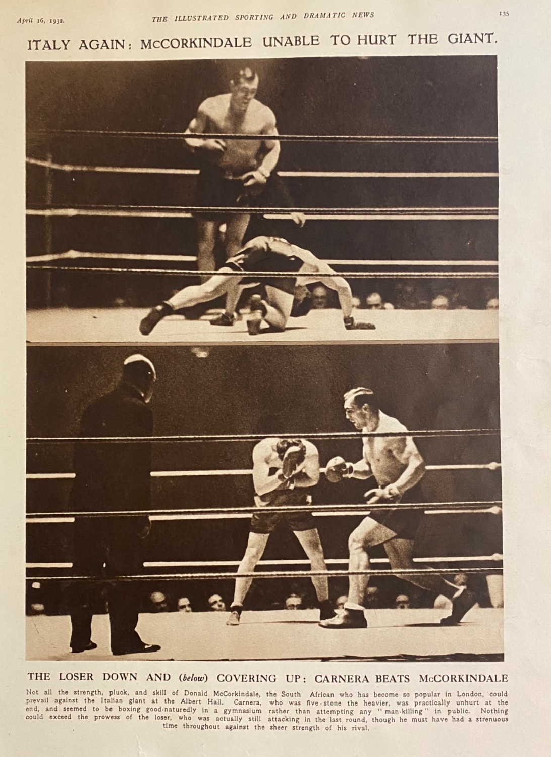 Carnera Beats McCorkindale.  (Boxing)  1932.