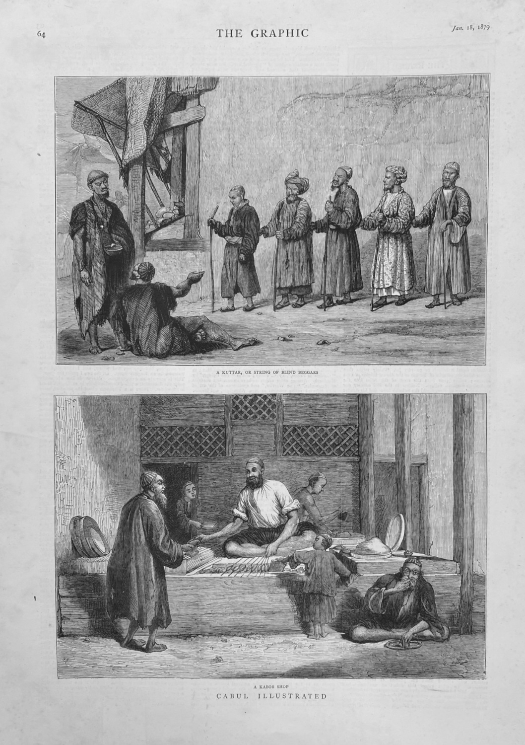 Cabul Illustrated.- A Kuttar, or String of Blind Beggars.  &  A  Kabob Shop
