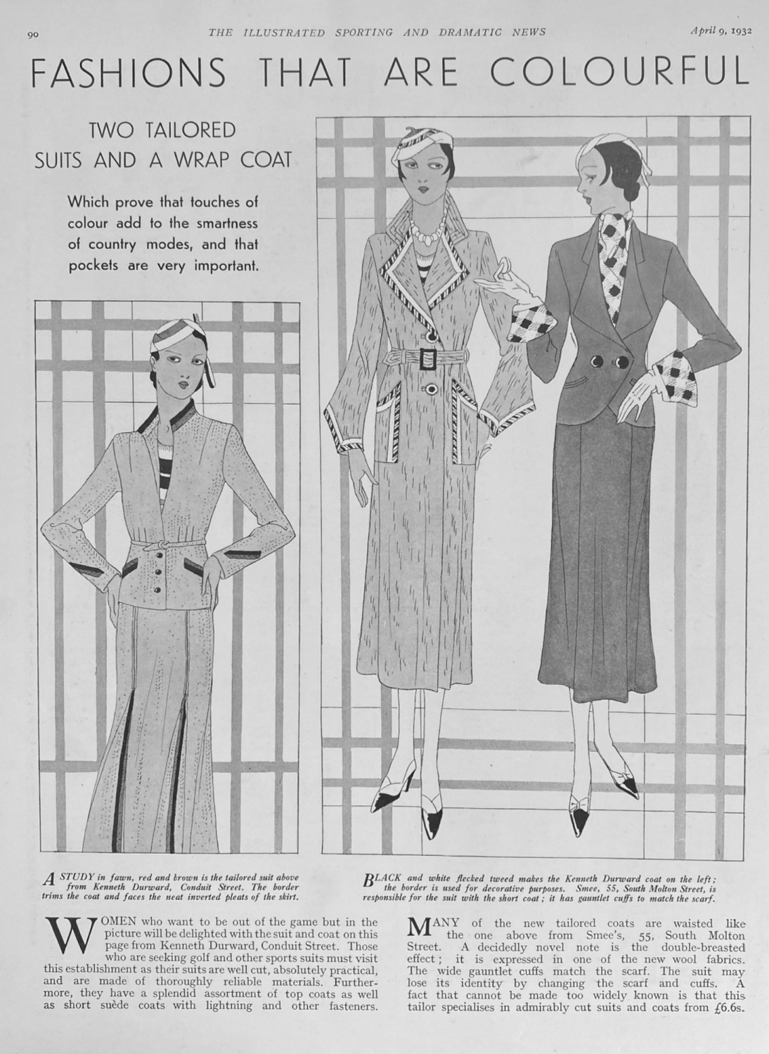 Fashions That Are Colourful : Two tailored Suits and a Wrap Coat.  1932.
