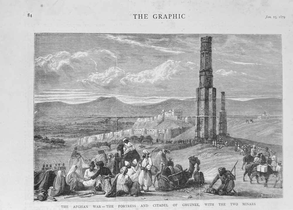 The Afghan War - The Fortress and Citadel of Ghuznee, with the Two Minars.  1879.