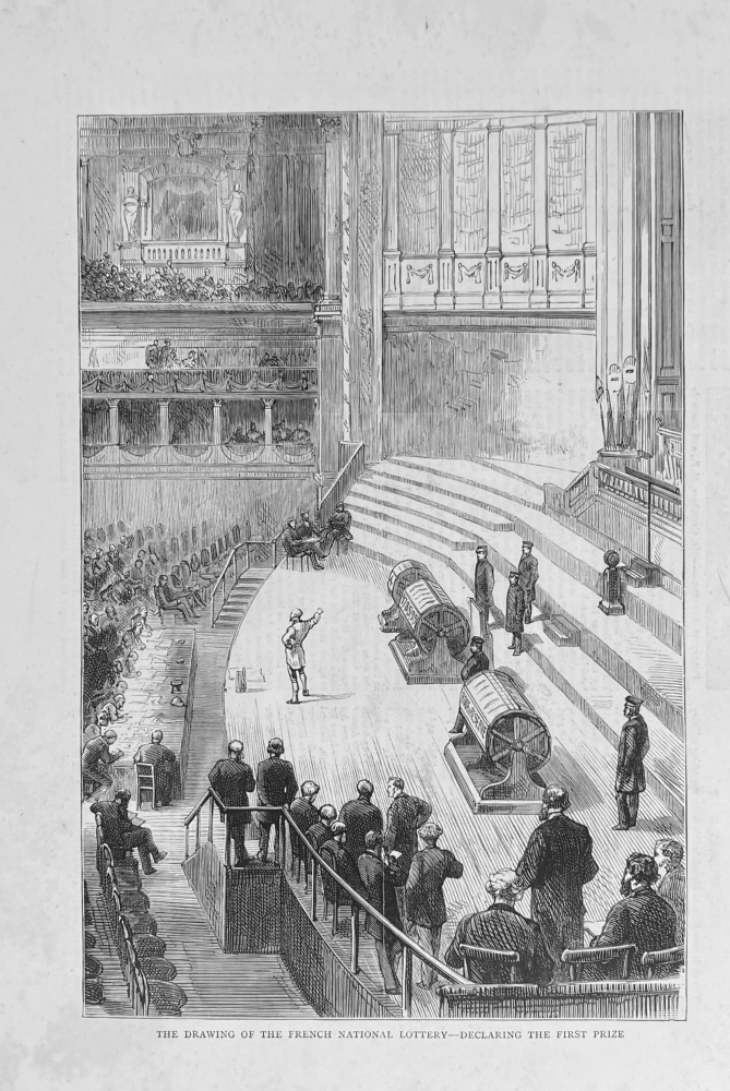 The Drawing of the French National Lottery - Declaring the First Prize.  1879.