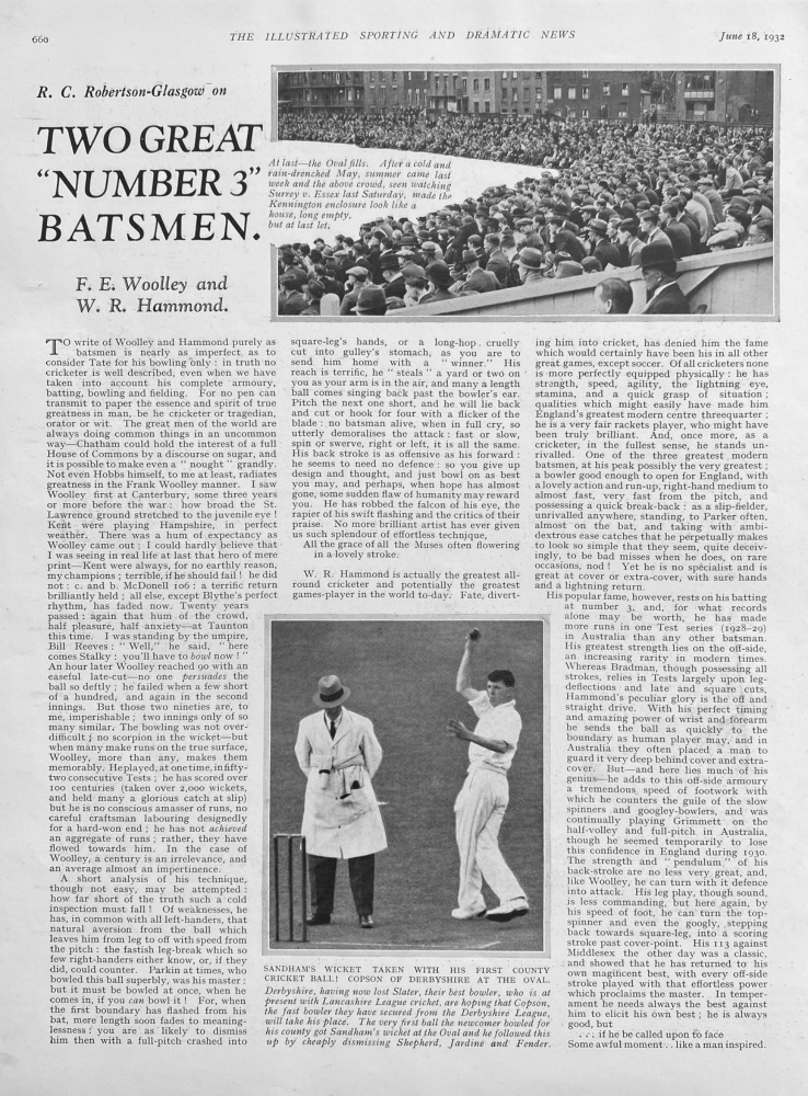 Two Great "Number 3"  Batsmen. :  F. E. Woolley and W. R. Hammond.  1932.