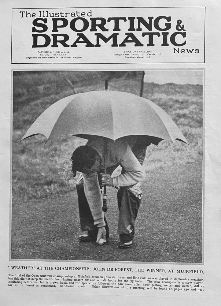 "Weather" at the championship :  John de Forest, the Winner,  at Muirfield. 1932.  (Golf).