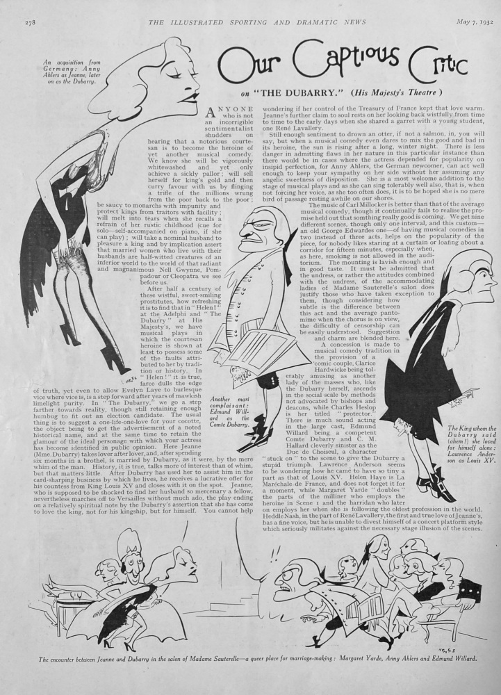 Our Captious Critic. on "The Dubarry."  at His Majesty's Theatre. 1932.