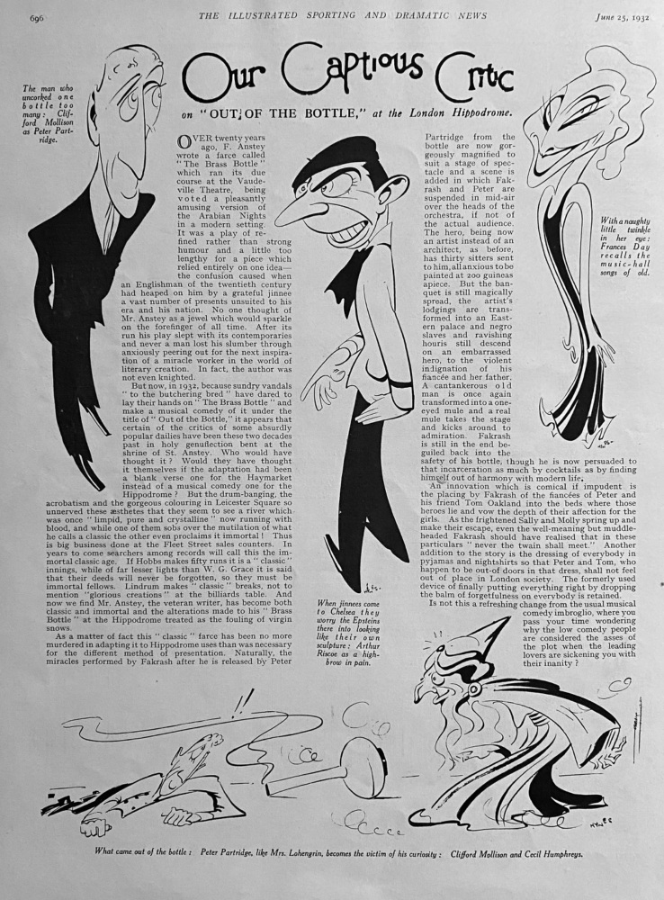 Our Captious Critic.  on "Out Of The Bottle," at the London Hippodrome.  1932.