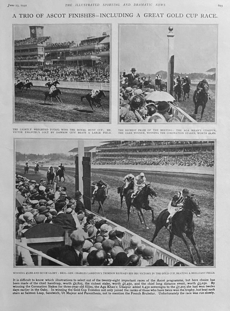 A Trio of Ascot Finishes - Including a Great Gold Cup Race.  1932.