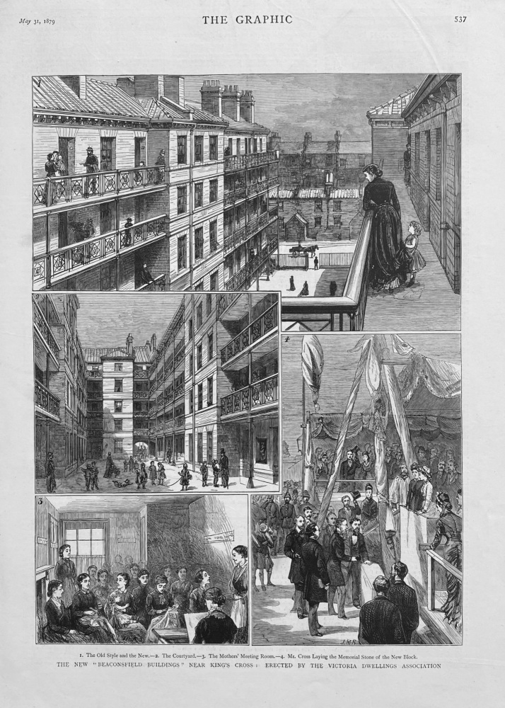 The New "Beaconsfield Buildings" near King's Cross : Erected by the Victoria Dwellings Association.  1879.